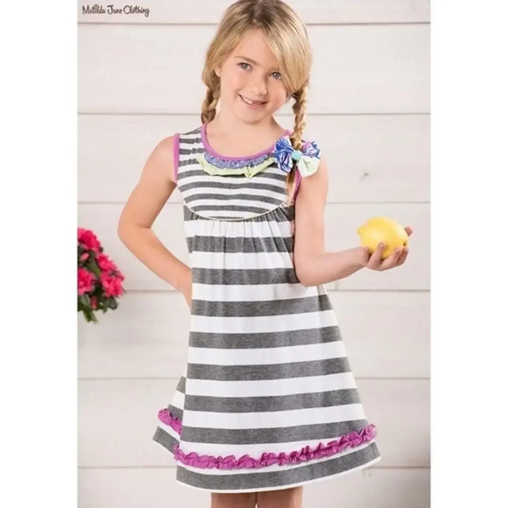 Matilda Jane Sz. 2T Vanilla Swirl Dress Gray Stripes Adventure Begins GUC